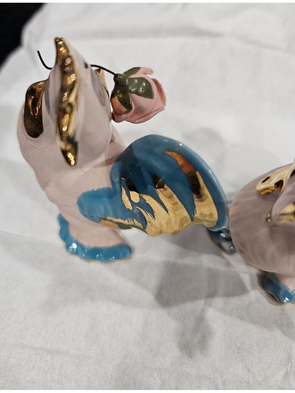 (2pc) Vintage Walker Renaker Pink Bisque Rooster With Rose & Chicken Figurines - Picture 7 of 12